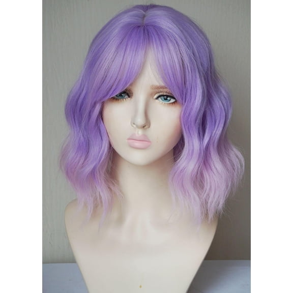 FGERFE-Short bob Curly purple Wig Synthetic hair wig 12 inches costume purple wig with bangs for Women (Purple ombre pink)