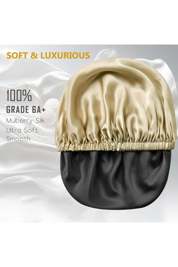 -Silk Bonnet,Double Layer-Hair Bonnet for Sleeping,Silk Sleep Cap for Women & Men,Satin Sleep Cap for Curly-Braids Hair Champagne