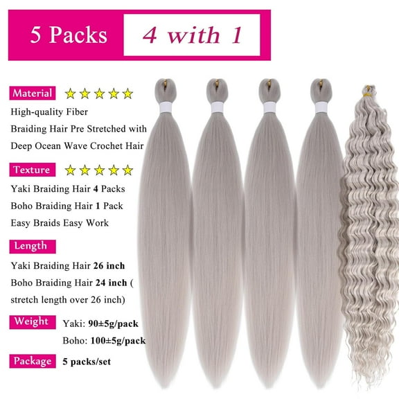 FGERFE-Silver Grey Braiding Hair Pre Stretched with Boho Braids Gray Curly Deep Ocean Wave Crochet Hair Natural Color Synthetic Knotless Boho Braiding Hair for Bohemian Braids 5 Packs