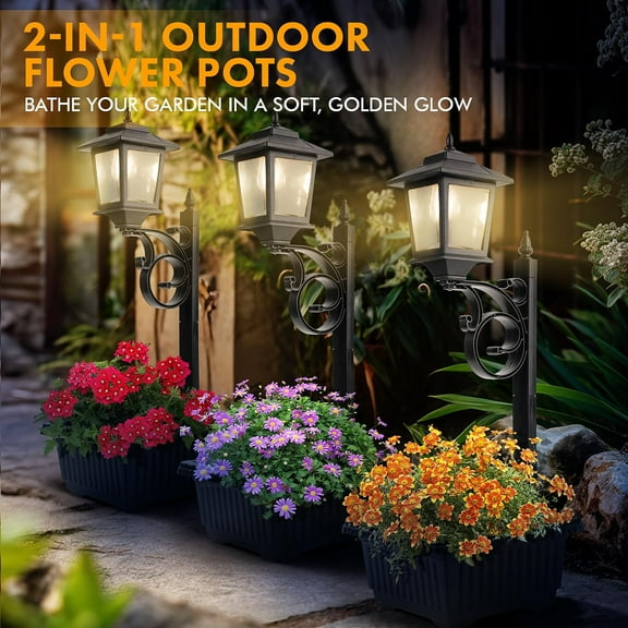 FGERFE-Solar Lamp Post Light with Planter, 2 in 1 Outdoor Flower Pots, Wall Mount or Freestanding Waterproof Solar Post for Lawn, Patio, Front/Back Door