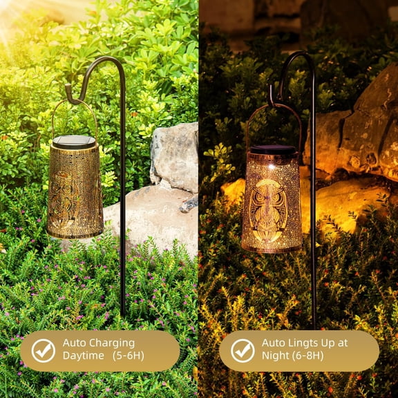 FGERFE-Solar Lantern Outdoor, Owl Hanging Lantern Waterproof, Metal LED Lanterns Solar Powered, Ideal Gift for Mom and Grandma, Outside Light Decor for Garden Backyard Patio Porch Balcony Pathway (1