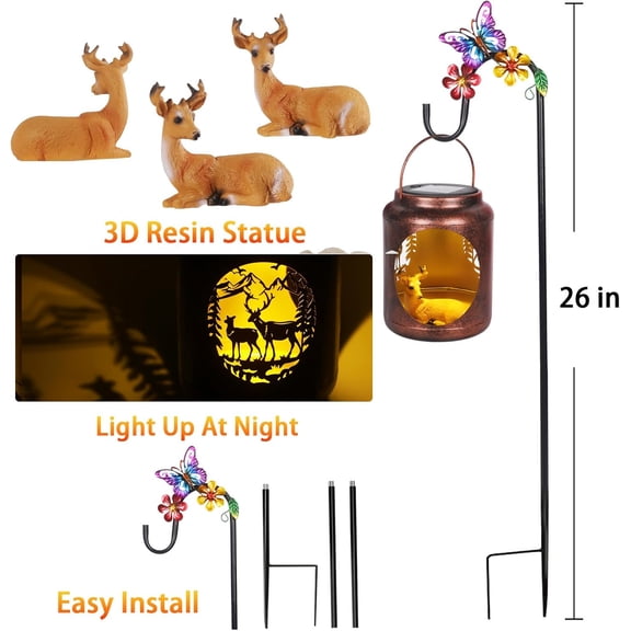 FGERFE-Solar Lanterns Outdoor Waterproof Metal Deer Patterns with Resin Deer Inside Garden Decor Gifts for Women Mom Grandma Hanging Solar Lights Decoration Outside for Yard, Patio, Backyard, Porch