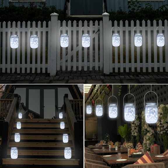 FGERFE-Solar Mason Jar Light Lids 10 Pack 20 LED Fairy String Light Inserts for Jars with Hangers Starry Lighting Waterproof Rust Resist for Patio Lawn Garden Wedding Lantern Decor No Jars (Cool Whit
