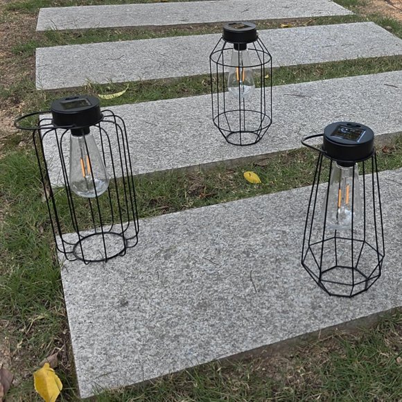 FGERFE-Solar Outdoor Lantern Waterproof, Vintage Edison Bulb Hanging Light, Metal Cage Design with Warm White LED, Solar Powered Decorative Light for Garden, Patio, Yard, Cuboid