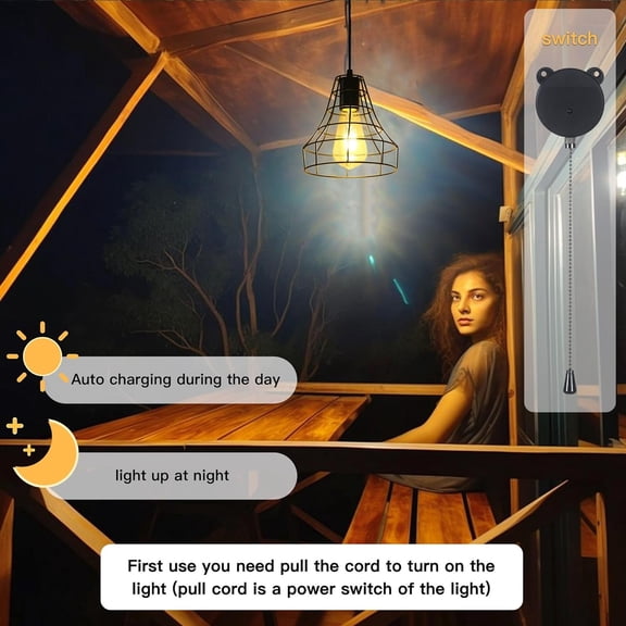 FGERFE-Solar Pendant Lights, Solar Powered Shed Light with Pull Cord and Remote for Outdoor Indoor, Solar Chandelier, Gazebo Lights with Adjustable Solar Panel for Yard Patio Balcony Barn Garage