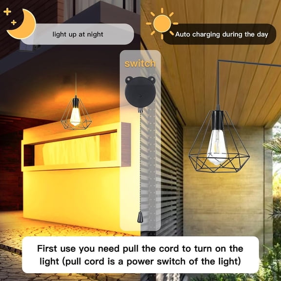 FGERFE-Solar Pendant Lights, Solar Powered Shed Light with Pull Cord and Remote for Outdoor Indoor, Solar Chandelier, Gazebo Lights with Adjustable Solar Panel for Yard Patio Balcony Barn Garage