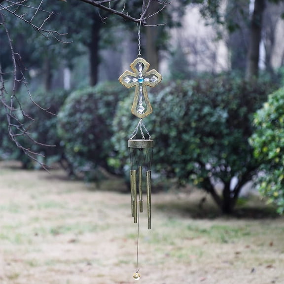 FGERFE-Solar Wind chime Unique Outdoor Indoor Hanging Mobile Bell WindChime Light Inspirational Religion Cross for Garden Lawn Yard Patio Waterproof Metal Glass Home Decor, 5.5"W x 3.5"D x 33"H