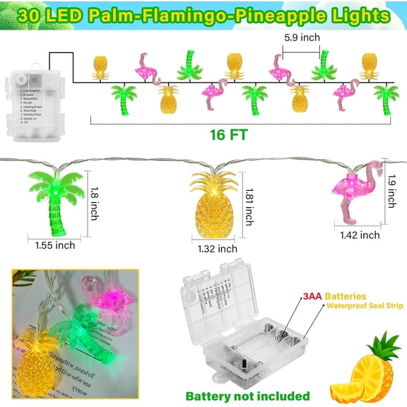 FGERFE-Summer Tropical Beach Hawaiian String Lights - 30 LED 16Ft Battery Operated Tropical Flamingo Pineapple Palm Tree Lights for Luau Pool Decor, Hawaii Theme Summer Outdoor Indoor Party Decoratio