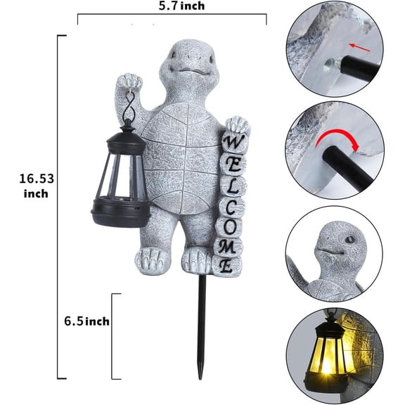 FGERFE-Turtle Solar Lights Outdoor Garden Decorations, Gray Resin Garden Statue, Solar-Powered Lantern, Unique Housewarming Gift