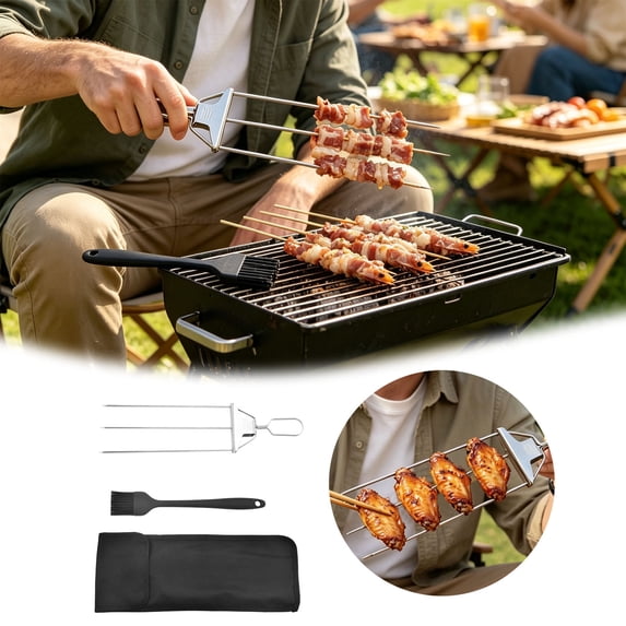 FGJHF 2026 3 Way Grill Skewers Kabob Sticks Stainless Steel Grill Skewers With Push Slider Bar Reusable Metal Skewer For Meat Chicken Sausages Veggies