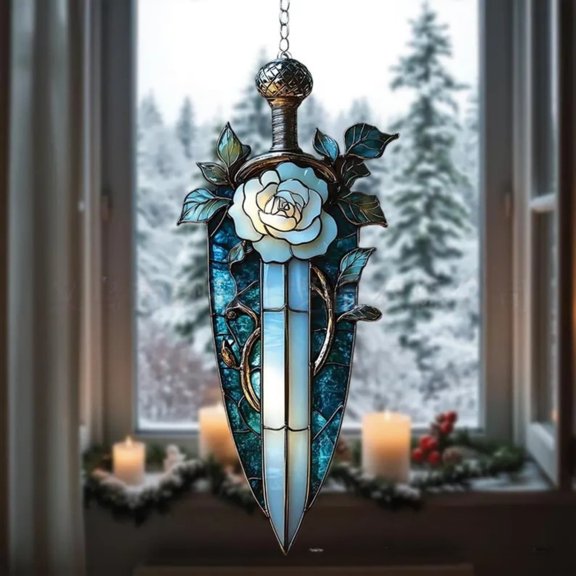 FGJHF White Rose Acrylic Faux Stained Acrylic Window Hanging
