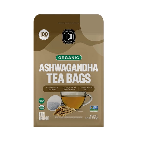 FGO Ashwagandha Tea Bags, Organic, Eco-Conscious, 100 Count