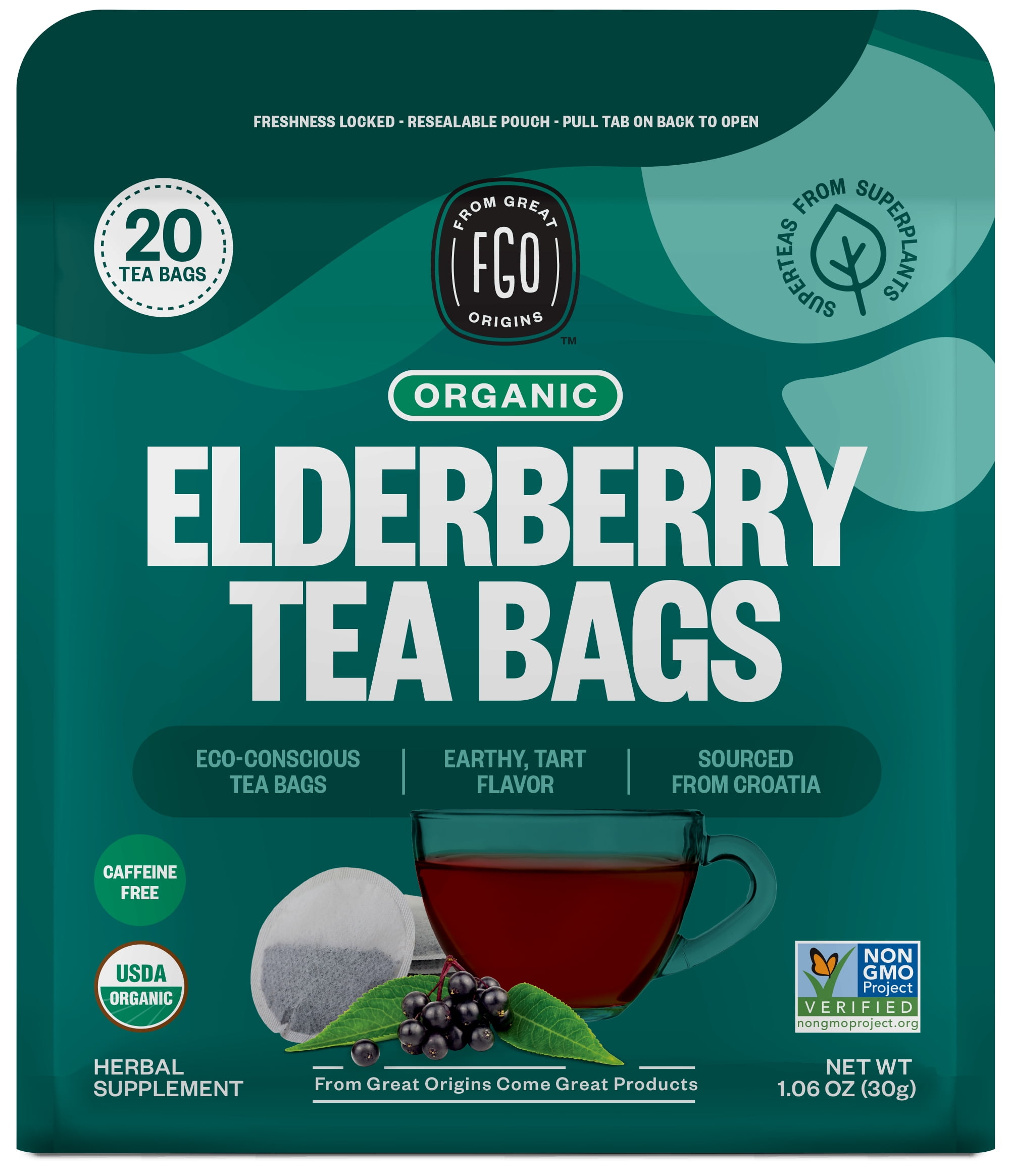 FGO From Great Origins, Elderberry Herbal Tea, Organic Tea Bags, 20