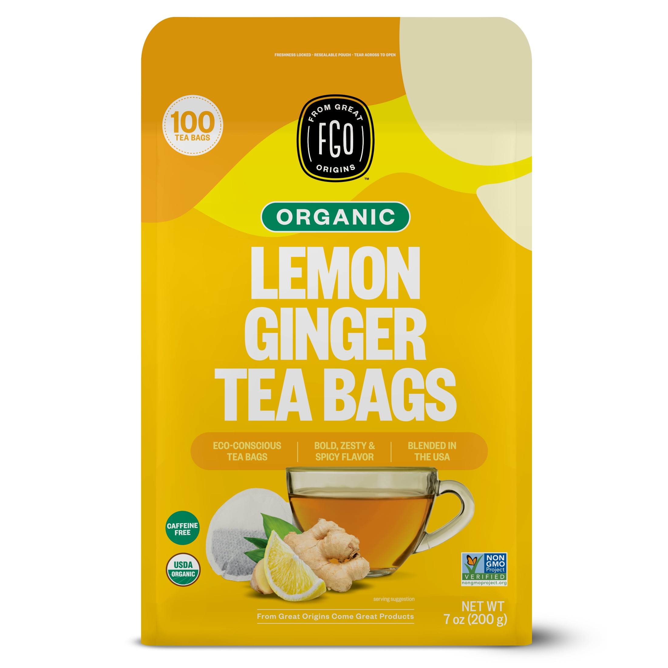 FGO Lemon Ginger Tea, Organic, Eco-Conscious Tea Bags (100 Count)