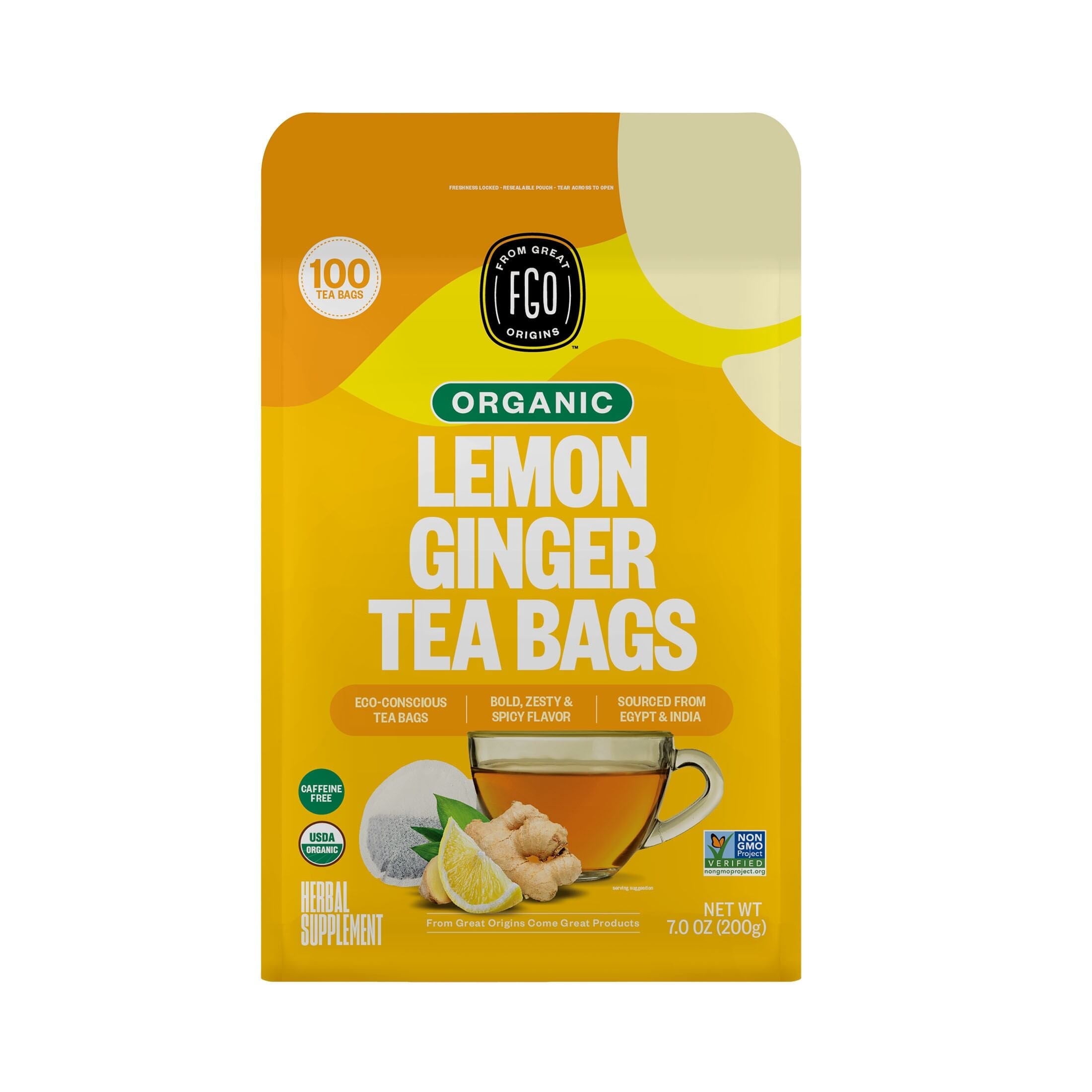 FGO Lemon Ginger Tea, Organic, Eco-Conscious Tea Bags (100 Count)