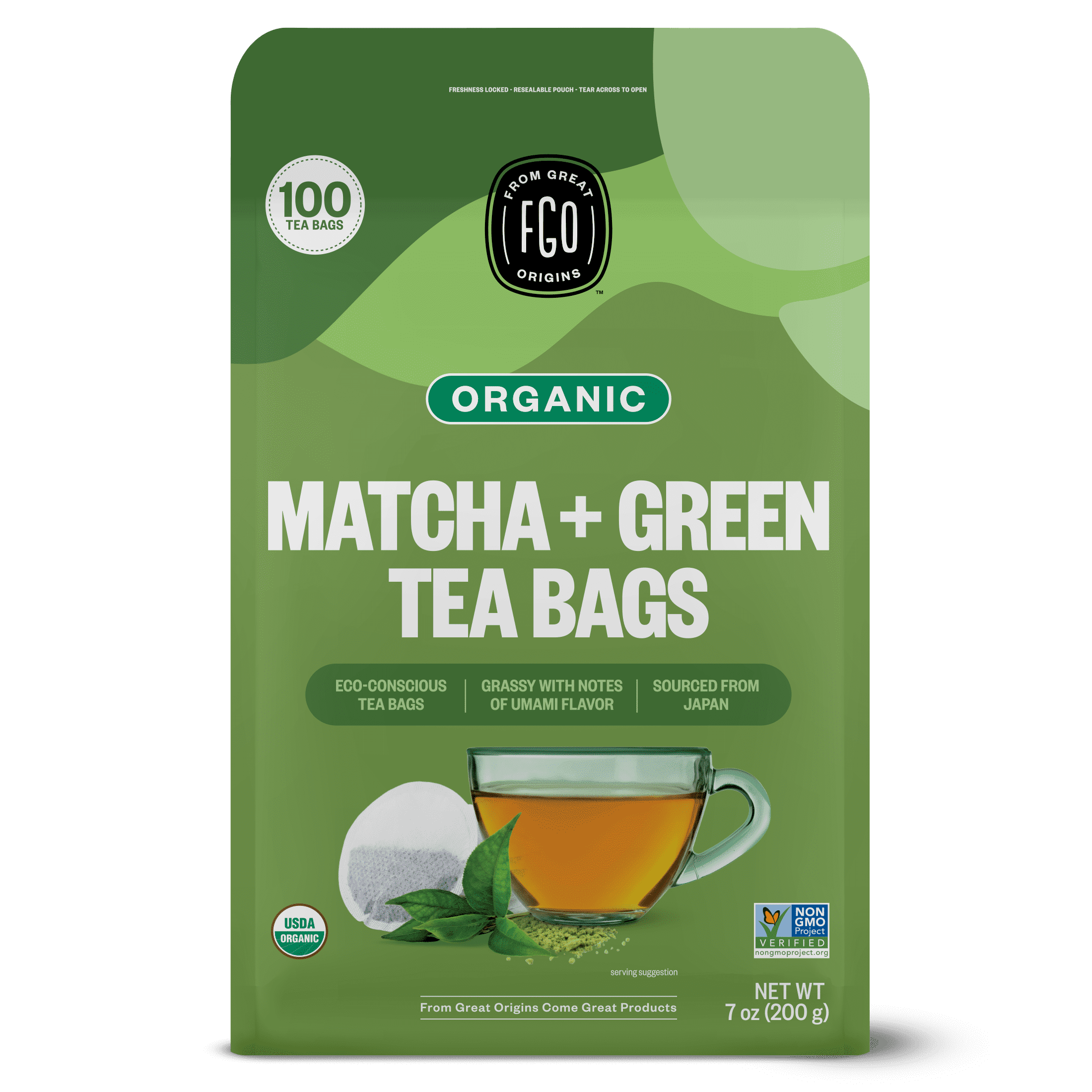 FGO Matcha + Green Tea Bags, Organic, Eco-Conscious (100 Count)