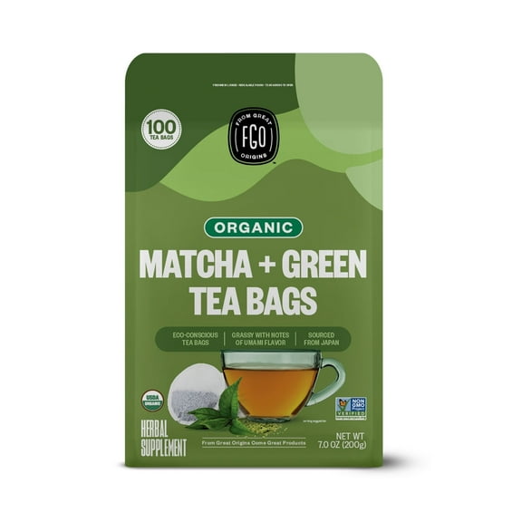 FGO Matcha + Green Tea, Organic, Eco-Conscious Tea Bags (100 Count)