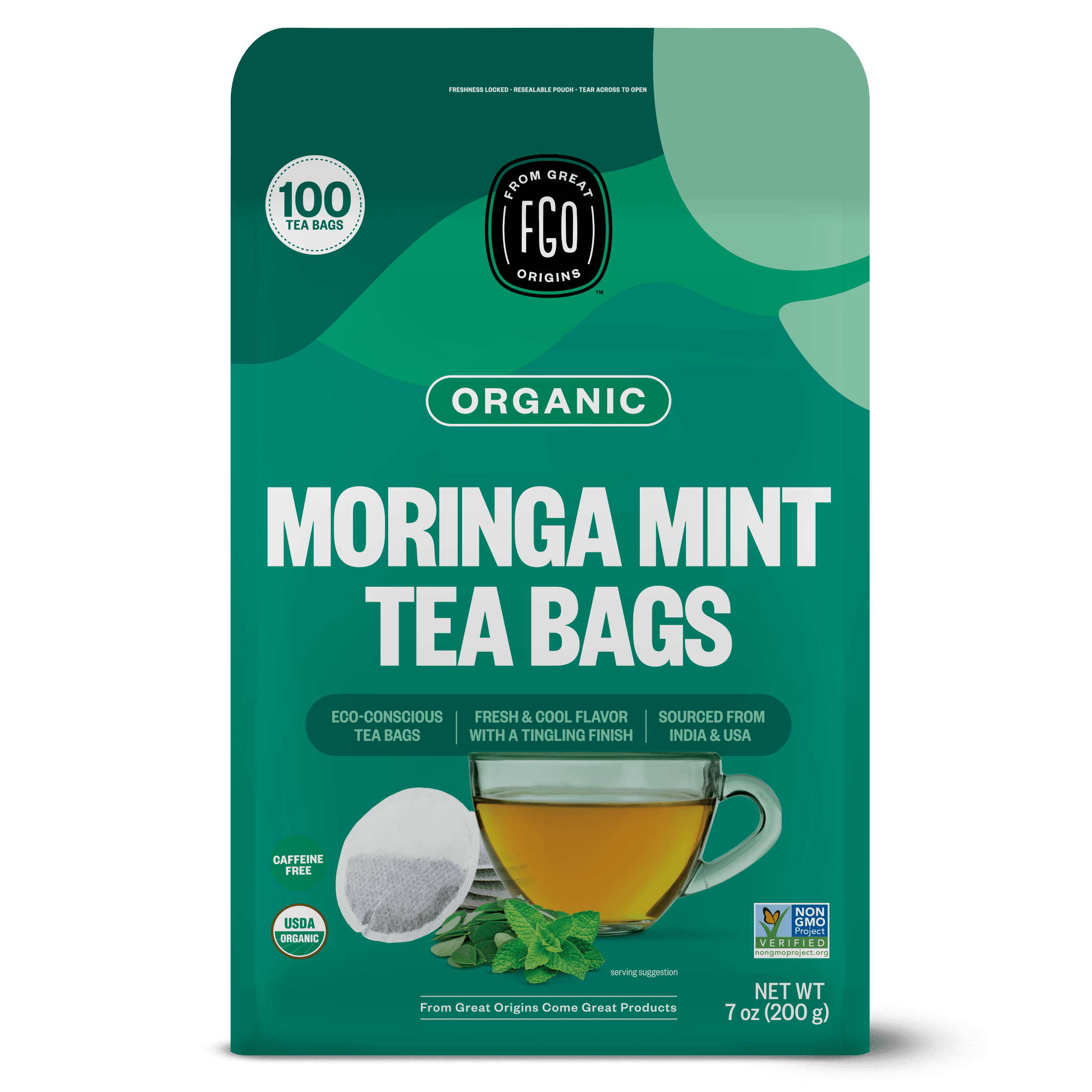 FGO Moringa Mint Tea, Organic, Eco-Conscious Tea Bags (100 Count)