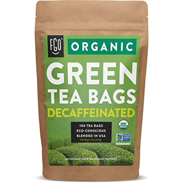 Organic Green Tea Bags (Decaf) | 100 Tea Bags | Eco-Conscious Tea Bags in Kraft Bag | Raw from China | by FGO