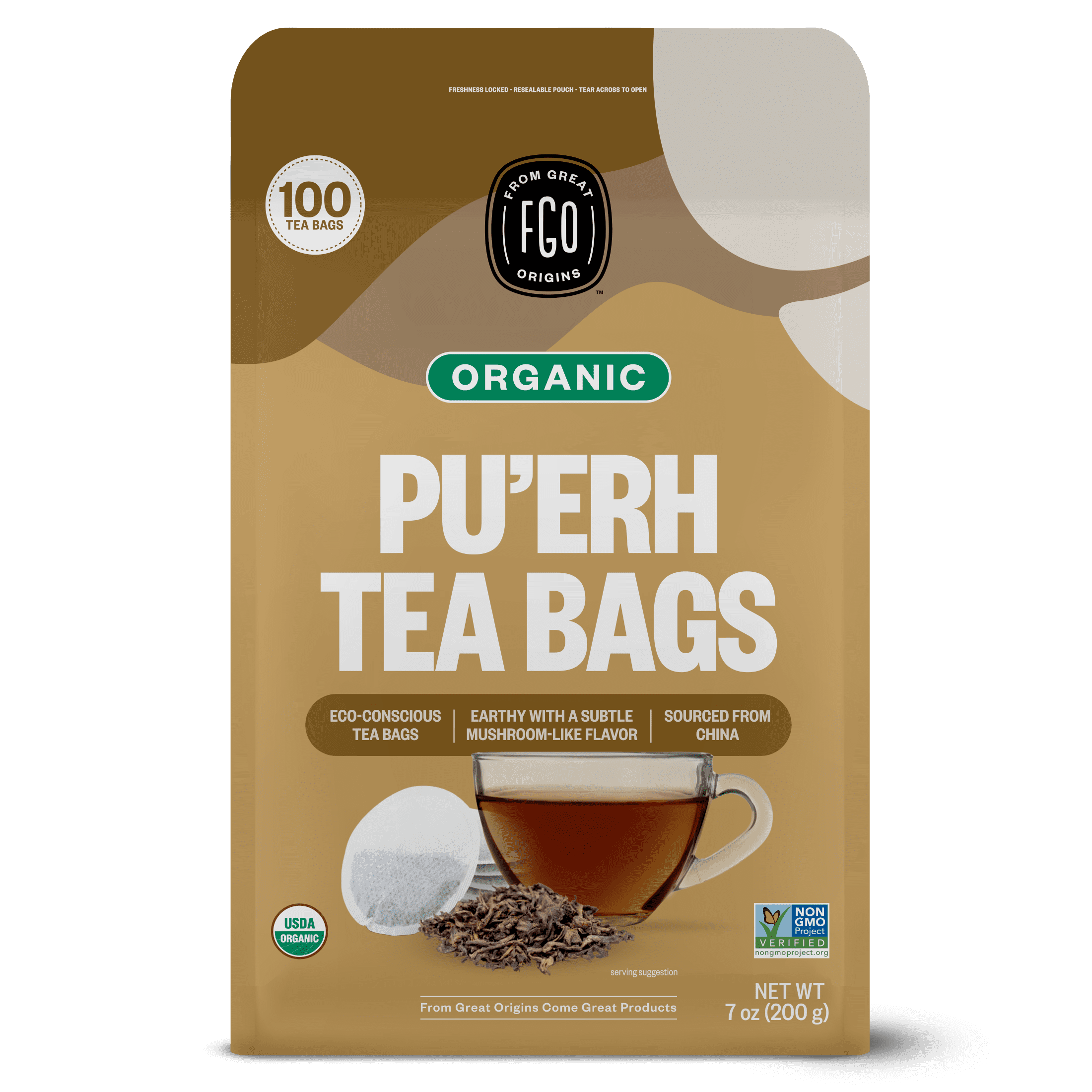 FGO Pu'erh Tea, Organic, Eco-Conscious Tea Bags (100 Count)
