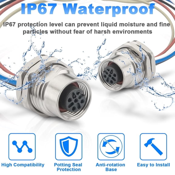 FGTHBF-0.2m M12 5 Pin Female Circular Aviation Connector Cable,16mm Waterproof Front Mount Socket Sensor Connector Cable Screw Threaded 2 Pack
