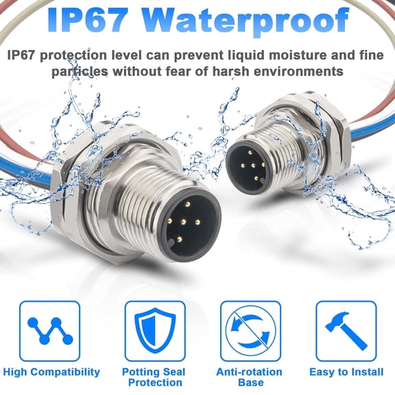 FGTHBF-0.2m M12 5 Pin Male Circular Aviation Connector Cable,16mm Waterproof Front Mount Socket Sensor Connector Cable Screw Threaded 2 Pack