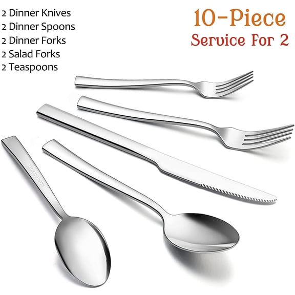 FGTHBF-10-Piece Silverware Set, Stainless Steel Flatware Set Service for 2, Modern Tableware Cutlery Set for Home and Restaurant, Square Edge & Mirror Finish, Dishwasher Safe