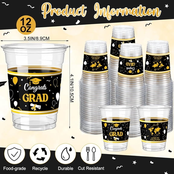 FGTHBF-100 Pcs Black and Glod Graduation Cups 12 oz Thick Plastic Class of 2026 Graduates Party Cups Clear Disposable Tableware for High College School Congrats Grad Party Supplies & Decorations
