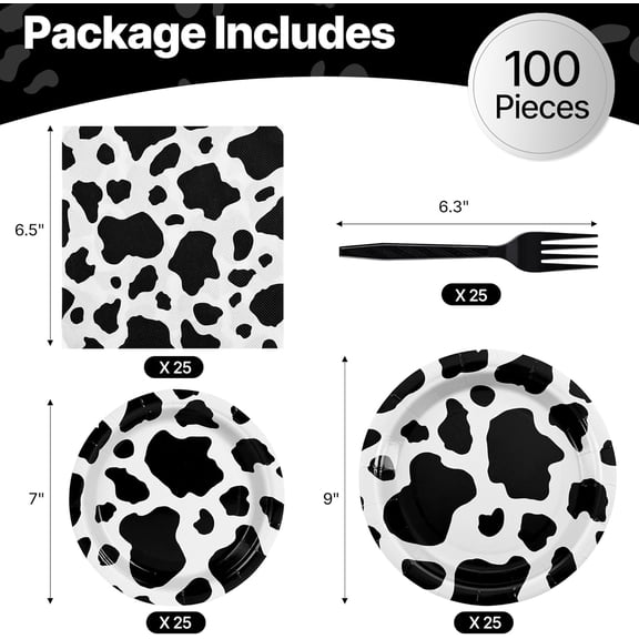 FGTHBF-100 Pcs Cow Themed Party Supplies for 25 Guests, Heavy-Duty 7" & 9" Paper Plates, 2-Ply 13" Napkins & Plastic Forks, Disposable Cow Print Tableware Set for Farm Western Theme Party