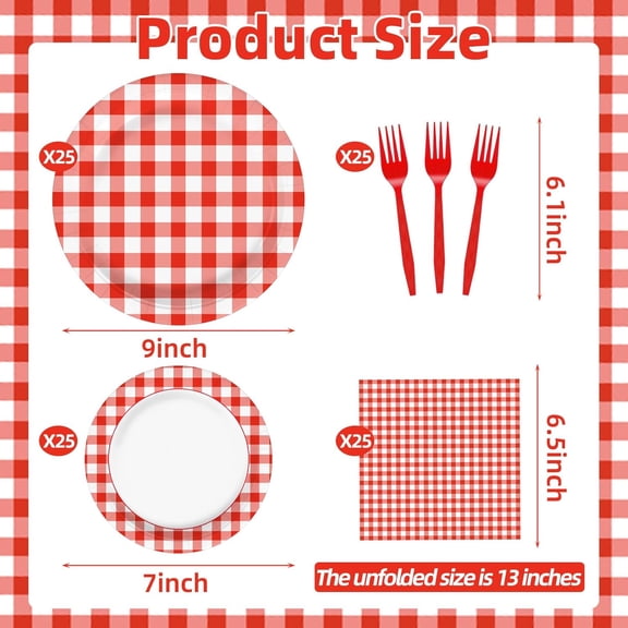 FGTHBF-100 Pcs Red White Gingham Party Supplies Set, Serves 25  Disposable Checkered Paper Plates, Napkins, and Forks, Classic Picnic Themed Tableware for BBQ, Outdoor, Birthday, Holiday Party