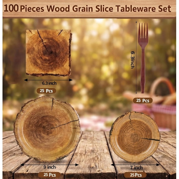 FGTHBF-100 Pcs Rustic Wood Grain Slice Party Supplies for 25 Guests, Heavy-Duty 7" & 9" Paper Plates, 2-Ply 13" Napkins & Plastic Forks, Disposable Tableware Set for Camping Forest Woodland Party