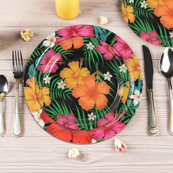 FGTHBF-100Pcs Heavy Duty Tropical Luau Party Supplies, Tropical Nights Paper Plates Aloha Hawaiian Disposable Plates with Hibiscus Palm Leaves for Summer Beach BBQ Pool Birthday Decorations