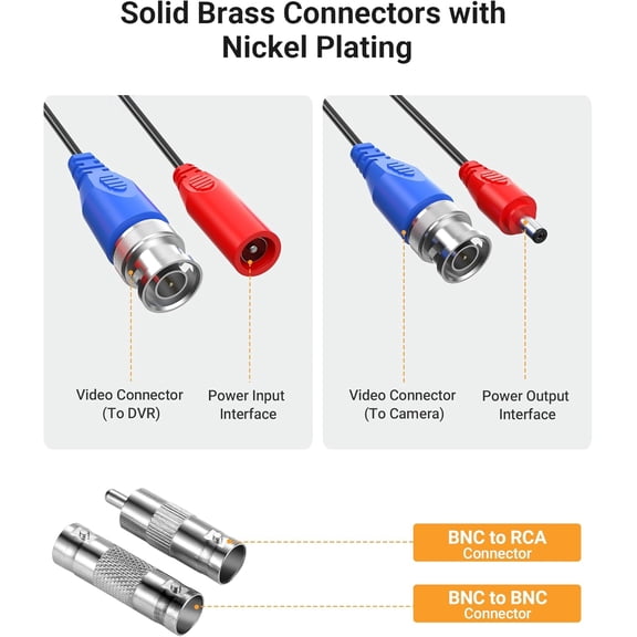FGTHBF-100ft/30m All-in-One Video Power Cable, BNC Extension Surveillance Camera Cable for CCTV Security Camera DVR System, with 1X BNC Connector and 1X RCA Adapter