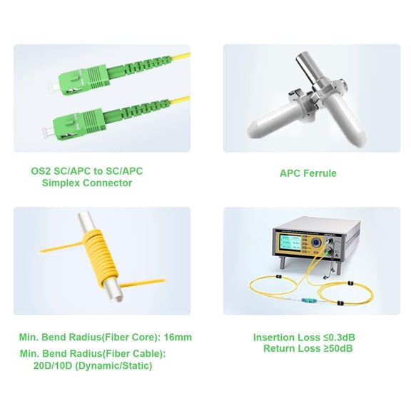 FGTHBF-- 10m/33ft SC/APC to SC/APC Optic Fiber Cable, OS2 Single Mode Fiber Patch Cable, SC APC to SC APC Simplex Length Option: 0.5m-50m 9/125um LSZH Yellow OD-2.0mm 10M(33ft)