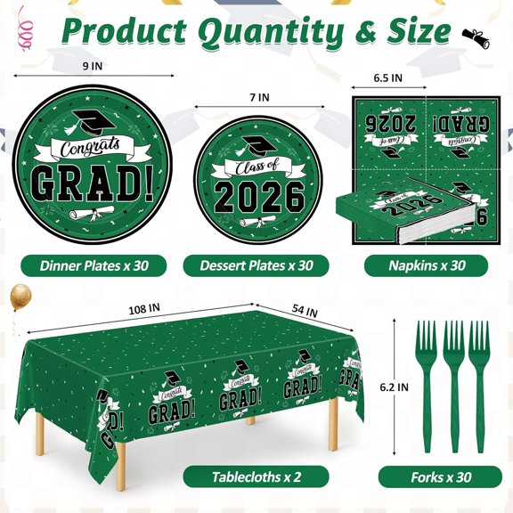 FGTHBF-122 Pcs 2026 Graduation Decorations Kits, 30 Sets Green Class of 2026 Decorations, Disposable Paper Graduation Plates and Napkins, Congrats Grad Tableware for Grad Decor Happy Time Party Suppl