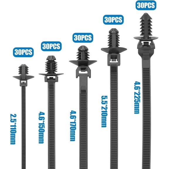 FGTHBF-150 PCS Push Mount Zip Ties-5 Types, Nylon Car Mount Wire Tie Snap in Cable Zip Ties, Black Push Mount Cable Ties Automotive Zips Tie Fastener Wire Harness Clips for Wire Tying