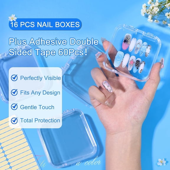 FGTHBF-16 Pcs Acrylic Press on Nail Storage Box with Adhesive Double Sided Tape, Press on Nails Packaging Fake Nail Storages Case for Fake Nail Storage Nail Display Nail Salon