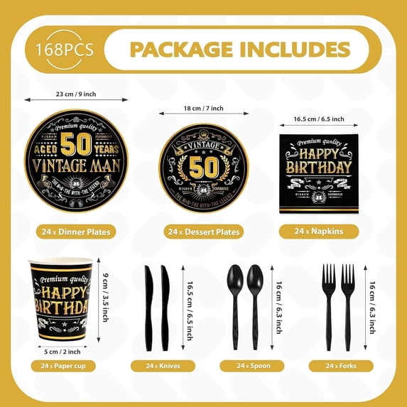 FGTHBF-168 Pcs 50th Birthday Party Decorations Fathers Day Black Gold Paper Plates Napkins Knives Forks Spoons Cups Back in 1976 Tableware Set for Men Vintage 50th Birthday Party Supplies Serves 24