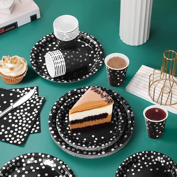 FGTHBF-168Pcs Black and Silver Party Decorations, Black Plates and Cups and Napkins Sets Severs 24, Birthday Decorations for Prom Graduation Birthday Happy New Year Party