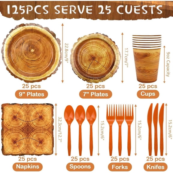 FGTHBF-175 Pieces Camping Wood Grain Slice Tableware Set Rustic Wood Party Decorations Plates Napkins Cups Knives Fork Spoon for Hunting Birthday Party Decorations Serve 25 Guests