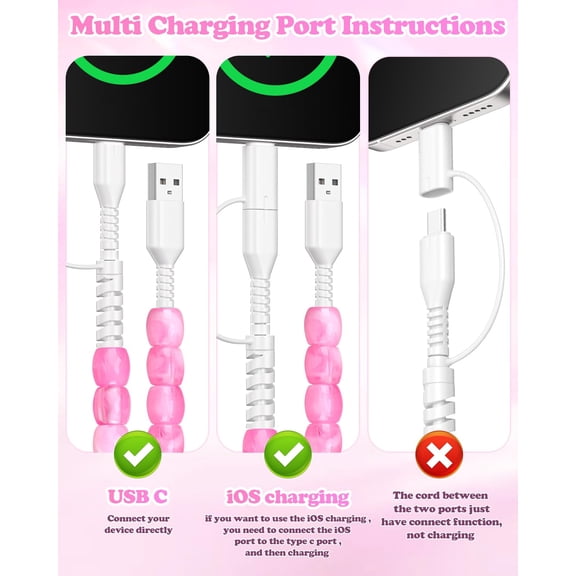 FGTHBF-2 in 1 USB Cable for iPhone Beaded Charging Cord 6.6FT Stylish Cute Beaded Phone Charger Cable Girls Women Fast Charger Multi Charging Cable for iPhone 17/16/15 Samsung S25 Ultra iPad,Pink