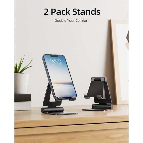 FGTHBF-2 Pack Dual Folding Cell Phone Stand, Fully Adjustable Foldable Desktop Phone Holder Cradle Dock Compatible with iPhone 17 16 15 14 13 12 Pro Max Xs Xr X 8, All Phones, Black