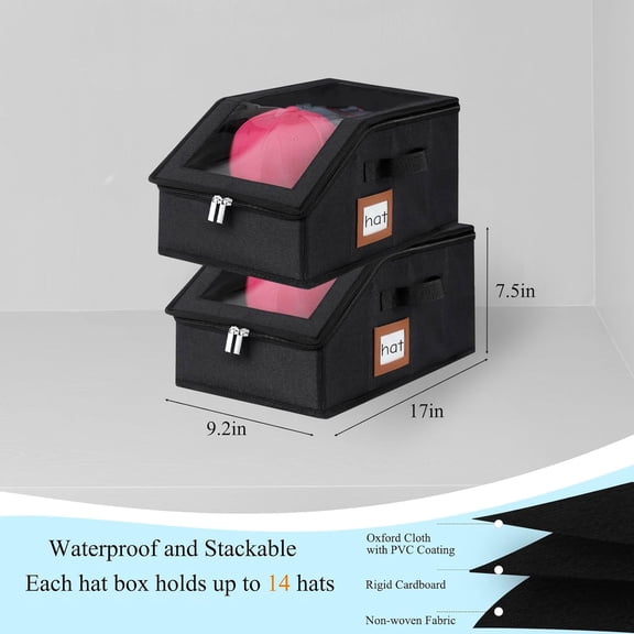 FGTHBF-2 Pack Hat Storage for Baseball Caps-Holds Up to 28 Caps, Hat Organizer for Closet Stackable Hat Box with Cardboard, Dust-proof Beanie organizer with 2 Handles for Home Travel (Black, 2Pack-Sm