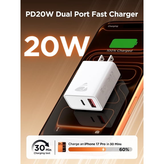 FGTHBF-2 Pack USB C Charger Block, Charging Block Type C Dual Port PD 20W USB-C Plug & QC 3.0 USB-A Power Adapter Cube Wall Chargers for iPhone 17 Pro Max/16/15/14/13/12/11/XS/XR/X/8, iPad, Samsung,