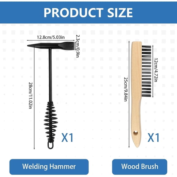 FGTHBF-2 Pack Welding Chipping Hammer and Wire Brush Set 11" Hammer with Coil Spring Handle, Cone and Vertical Chisel and 9.8" Stainless Steel Brush for Slag, Spatter, Residue Removal