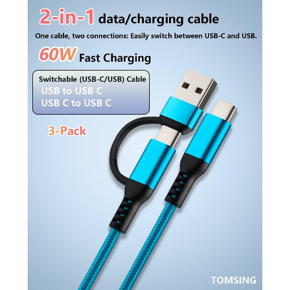 FGTHBF-2-in-1 USB C to USB C 60W Fast Charging Cable USB to USB C3Pack 6.6FT Braided Type C Charger Cord for iPhone 15 16 Pro Max, for Samsung Galaxy S24 S23,Tablets, laptops and More Blue