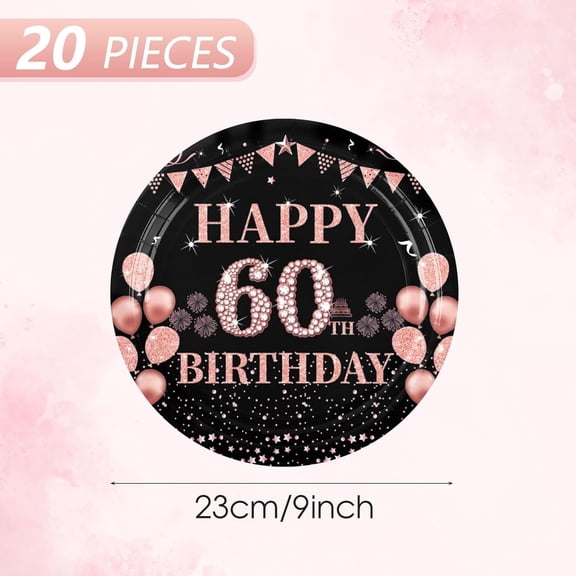 FGTHBF-20 Pcs 60th Birthday Plates 9 Inch Large Paper Plates Black Rose Gold Happy 60 Years Old Birthday Party Supplies Vintage 1966 Themed Party Plate, for 60th Birthday Decorations for Women