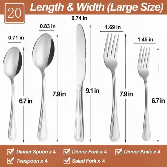 FGTHBF-20 Pcs Silverware Set for 4, Food Grade Stainless Steel Flatware Set, Eating Utensils Sets Include Fork/Knife/Spoon, Reusable Cutlery Set for Home Kitchen, Dishwasher Safe, Pearl-edged