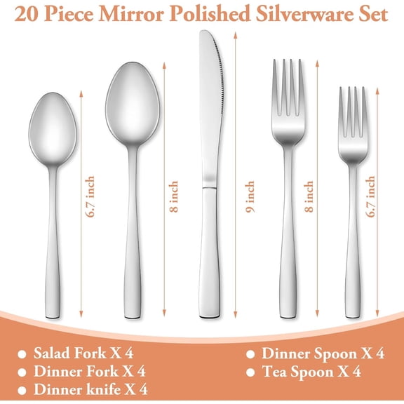 FGTHBF-20 Pcs Silverware Set, Stainless Steel Flatware Set for 4, Food-Grade Cutlery Set, Mirror Polished Tableware Eating Utensils Set for Home Kitchen, Include Knife Fork Spoon Set, Dishwasher Safe