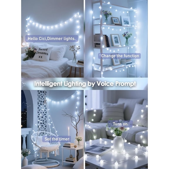 FGTHBF-2026 New Connectable 43FT Smart Voice Controlled String Lights Indoor Outdoor | 100LED White Globe Fairy Lights with Remote & Timer | 12 Modes Waterproof Twinkle Light for Classroom Room Decor